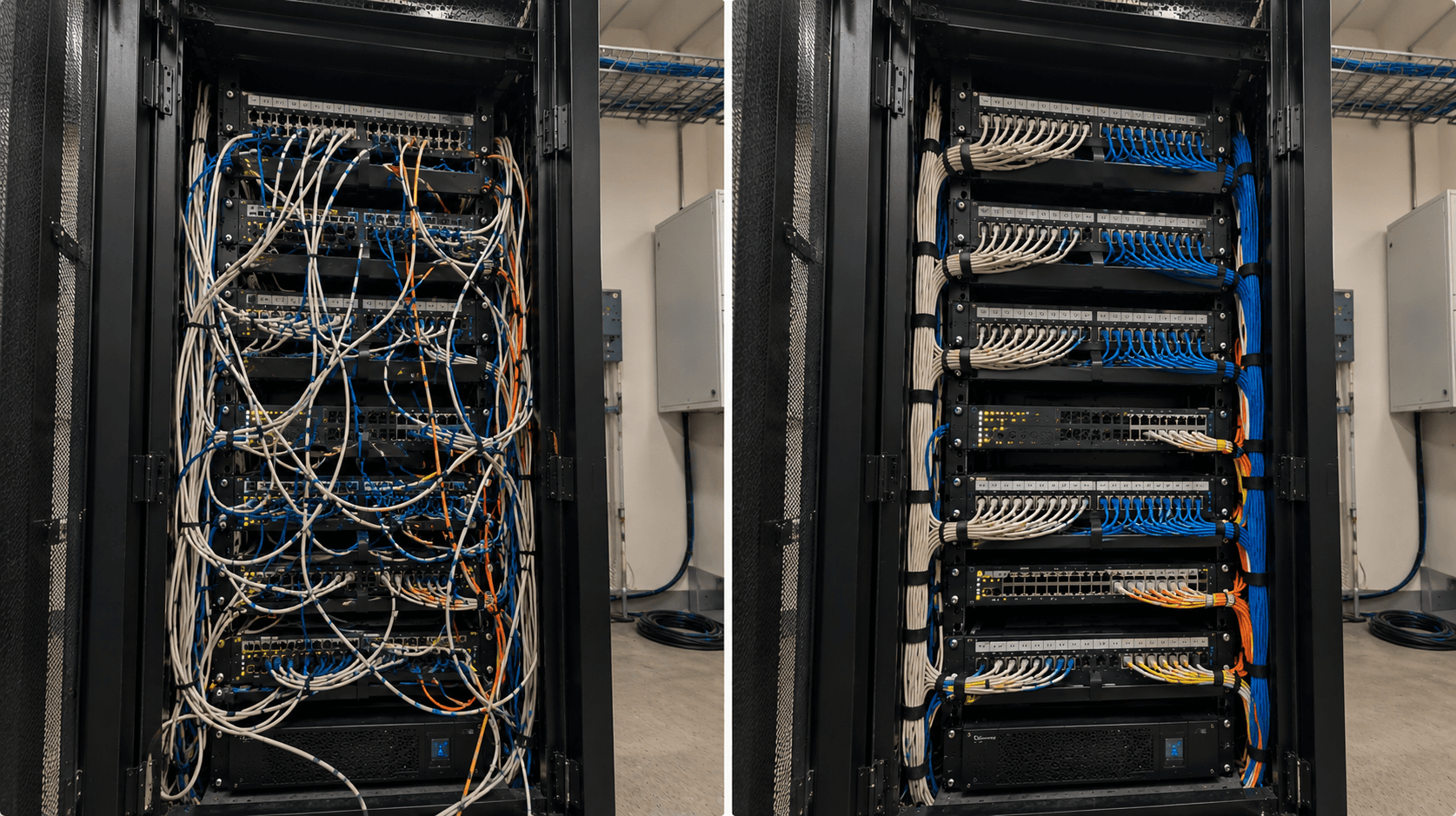 Baie informatique avant et après remise en ordre du câblage